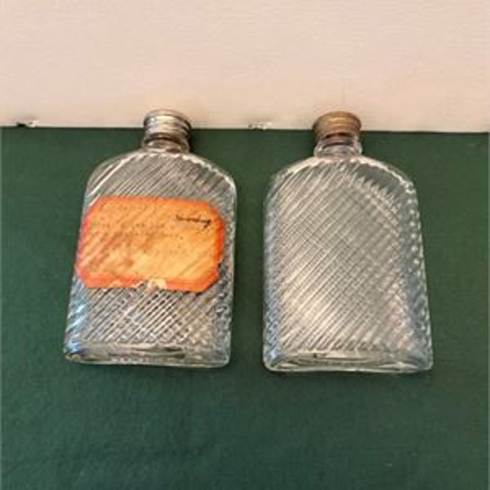 Antique Union Glass Pocket Flasks Set 2 Universal Patd 1927 Lattice Clear Glass